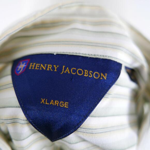 Henry Jacobson Mens Button Down Green Yellow Striped Dress Shirt XL - Picture 10 of 11